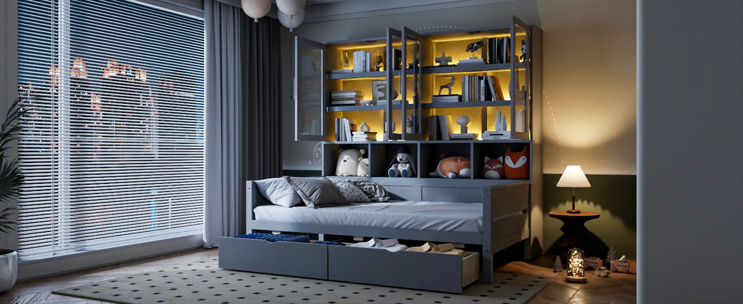 Daybed With Glass Door Storage Cabinets, Built In LED Lighting And Shelves - The Sleep Loft - Online Mattress Showroom NYC