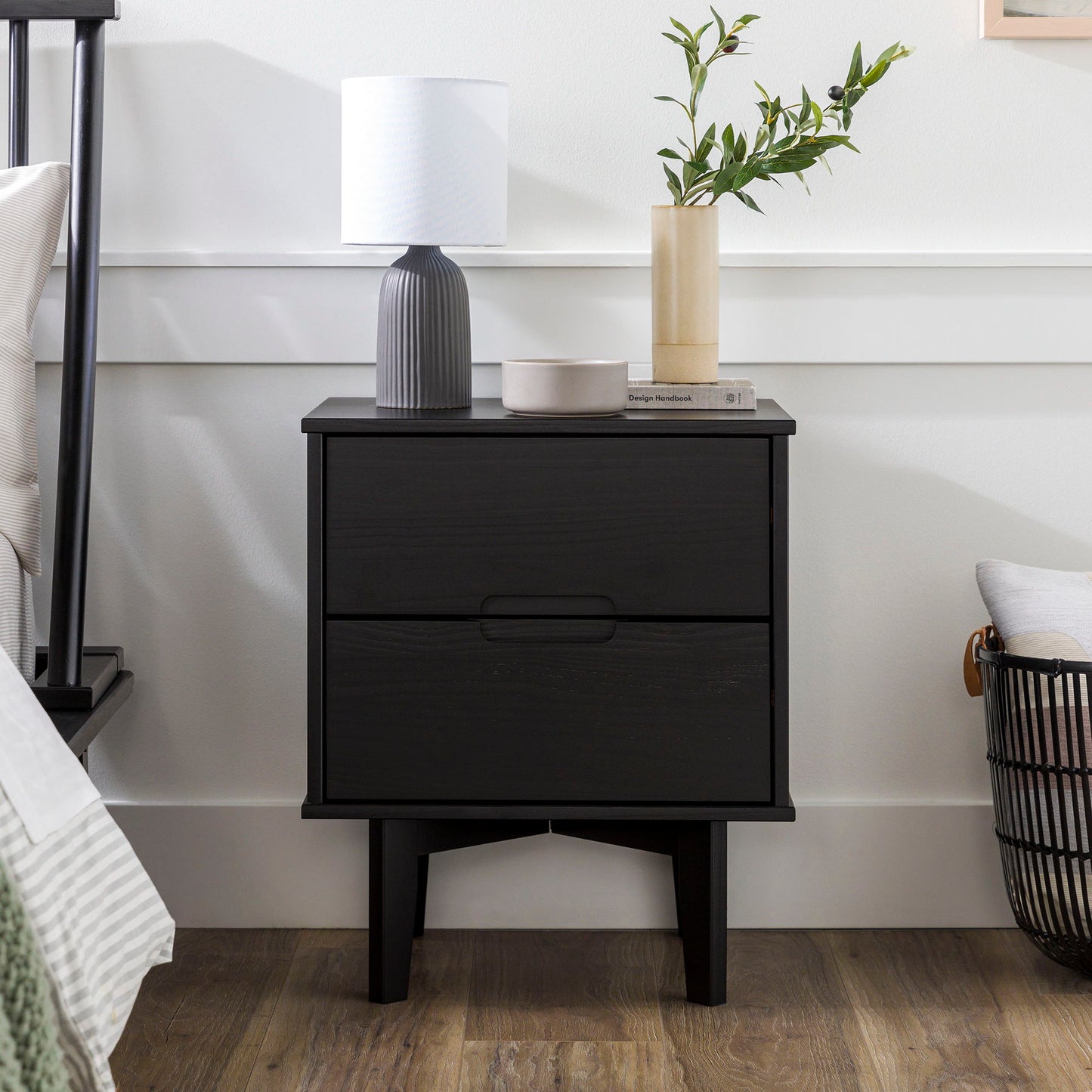 Mid-Century Modern 2 Drawer Solid Wood Nighstand With Cutout Handles - The Sleep Loft - Online Mattress Showroom NYC