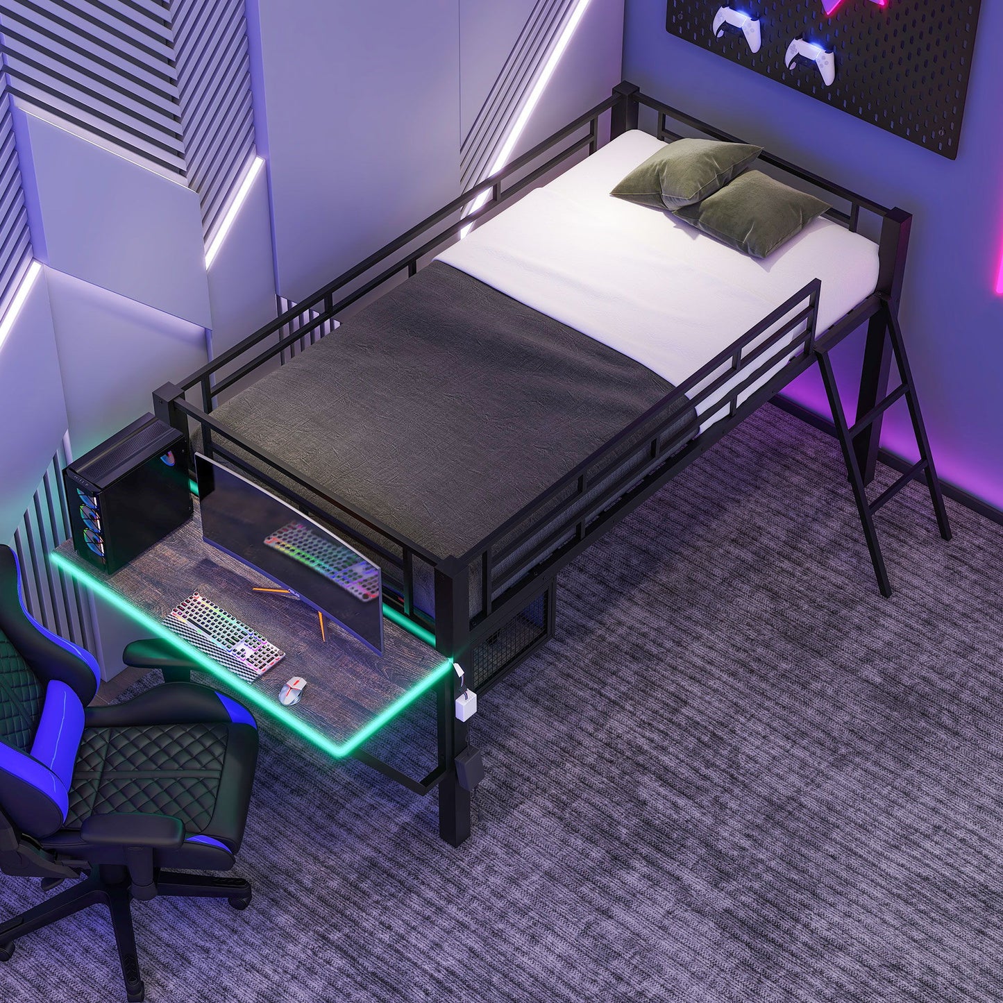 Modern Gaming Mid Loft Bed With Desk And LED Lights - The Sleep Loft - Online Mattress Showroom NYC