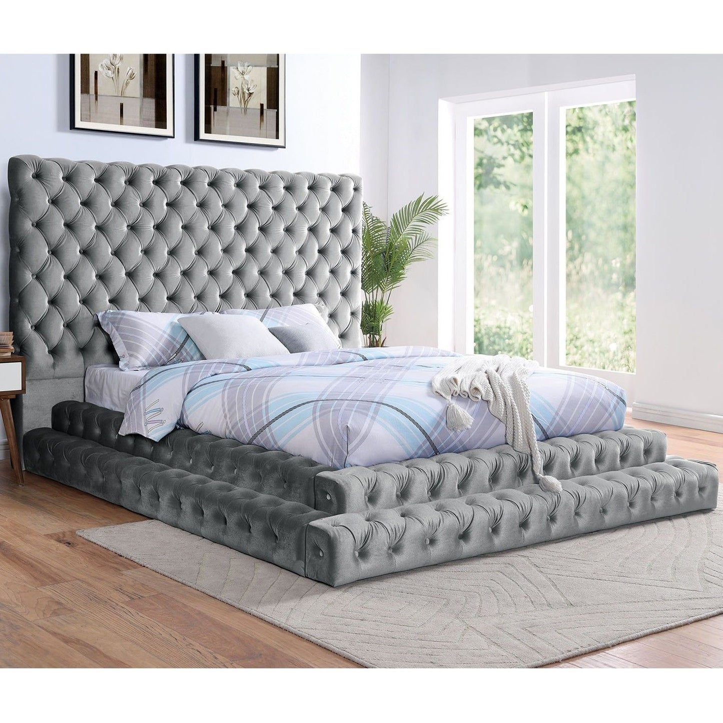 Tufted Oversized Headboard Platform Bed With Fully Upholstered Frame