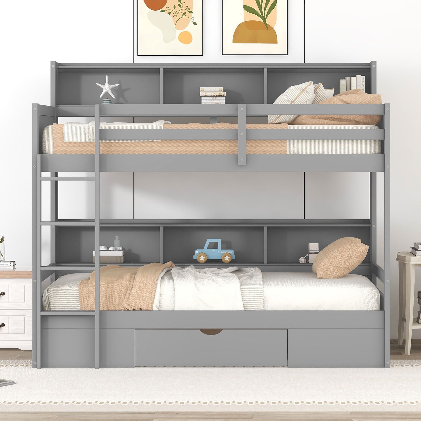 Twin Size Bunk Bed With Built-In Shelves Beside Both Upper And Down Bed And Storage Drawer - The Sleep Loft - Online Mattress Showroom NYC