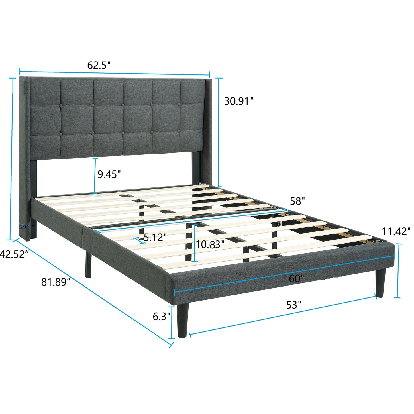 Queen Size Upholstered Platform Bed Frame With Button Tufted Linen Fabric Headboard - Dark Gray - The Sleep Loft - Online Mattress Showroom NYC