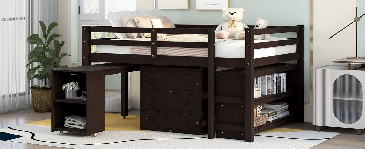 Loft Low Study Bed With Cabinet, Shelves And Rolling Portable Desk, Multiple Functions - The Sleep Loft - Online Mattress Showroom NYC