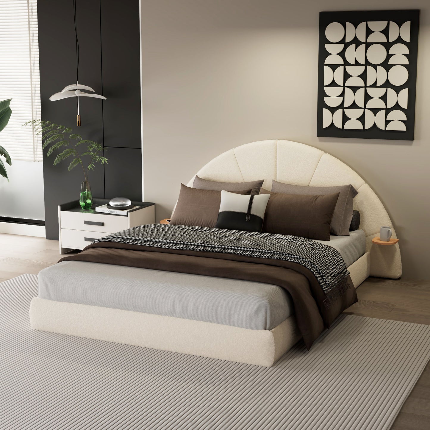 Queen Arched Bed With Small Table, Floor Standing Design - Beige - The Sleep Loft - Online Mattress Showroom NYC