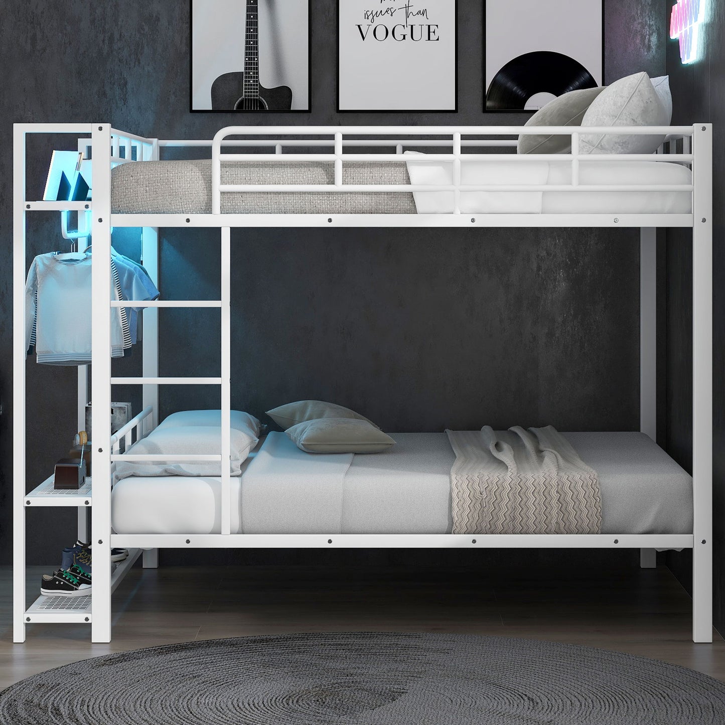 Bunk Bed With Storage Shelves, Clothes Hooks, LED Light - The Sleep Loft - Online Mattress Showroom NYC