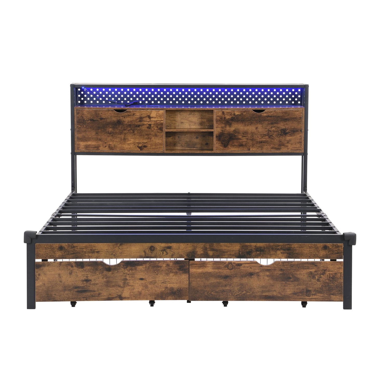 Modern Metal Platform Bed Frame With Wooden Headboard, USB Charging Station, Storage Drawers - The Sleep Loft - Online Mattress Showroom NYC