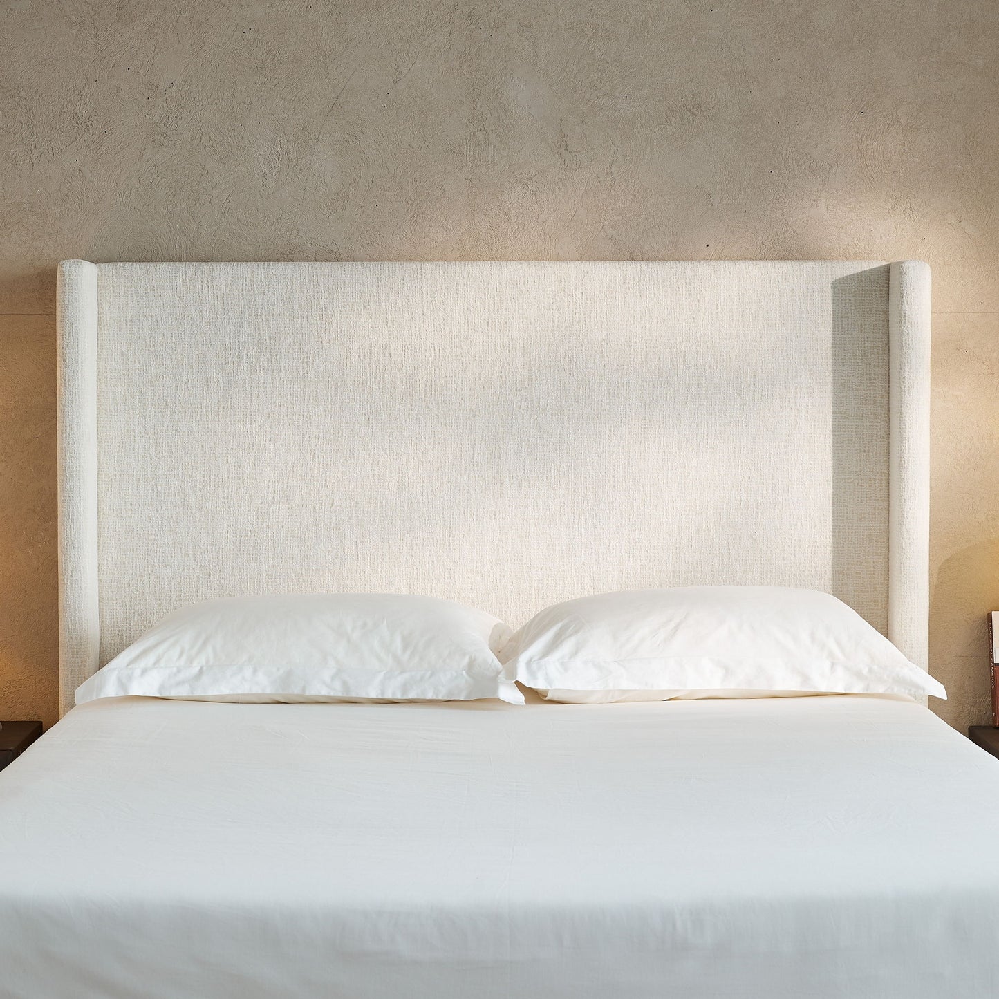 Hosford - Minimalist Upholstered Wingback Bed With Wood Base Platform - The Sleep Loft - Online Mattress Showroom NYC