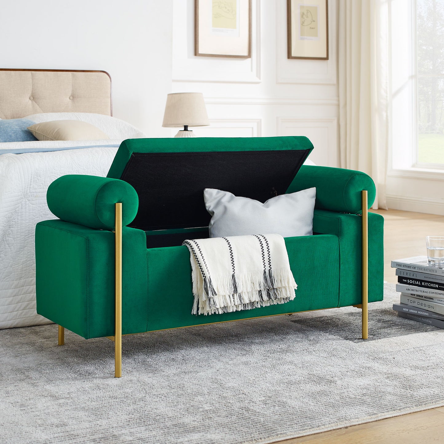 Elegant Upholstered Storage Bench With Cylindrical Arms And Iron Legs, - The Sleep Loft - Online Mattress Showroom NYC
