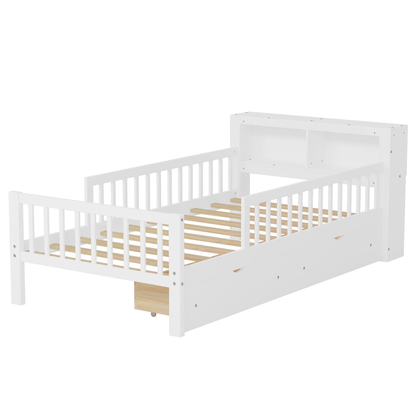 Bed With Headboard Storage Rack, 2 Under Bed Drawers, 3 Side Guardrails For Safety - The Sleep Loft - Online Mattress Showroom NYC