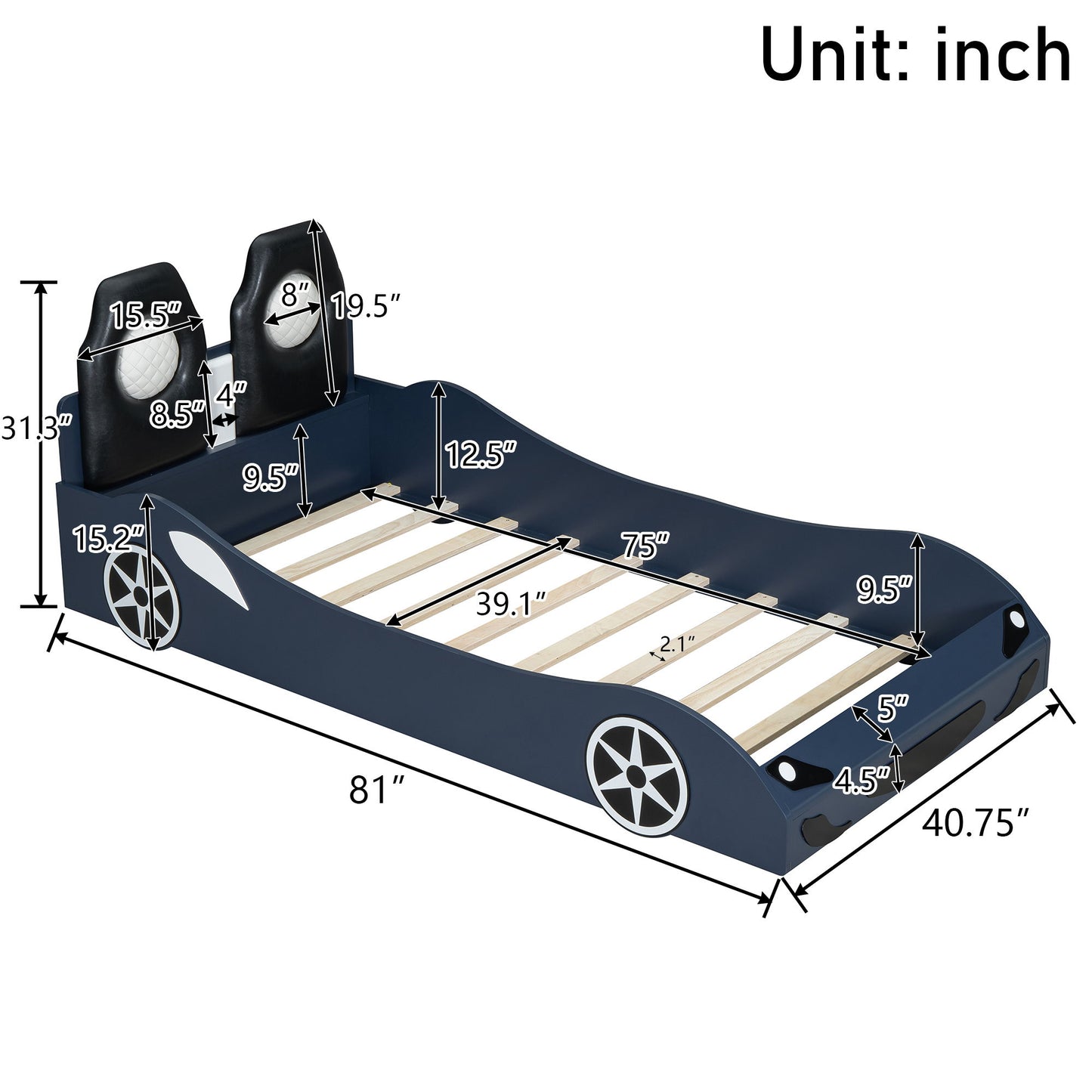 Race Car Shaped Platform Bed With LED And Upholstered Backrest In - The Sleep Loft - Online Mattress Showroom NYC