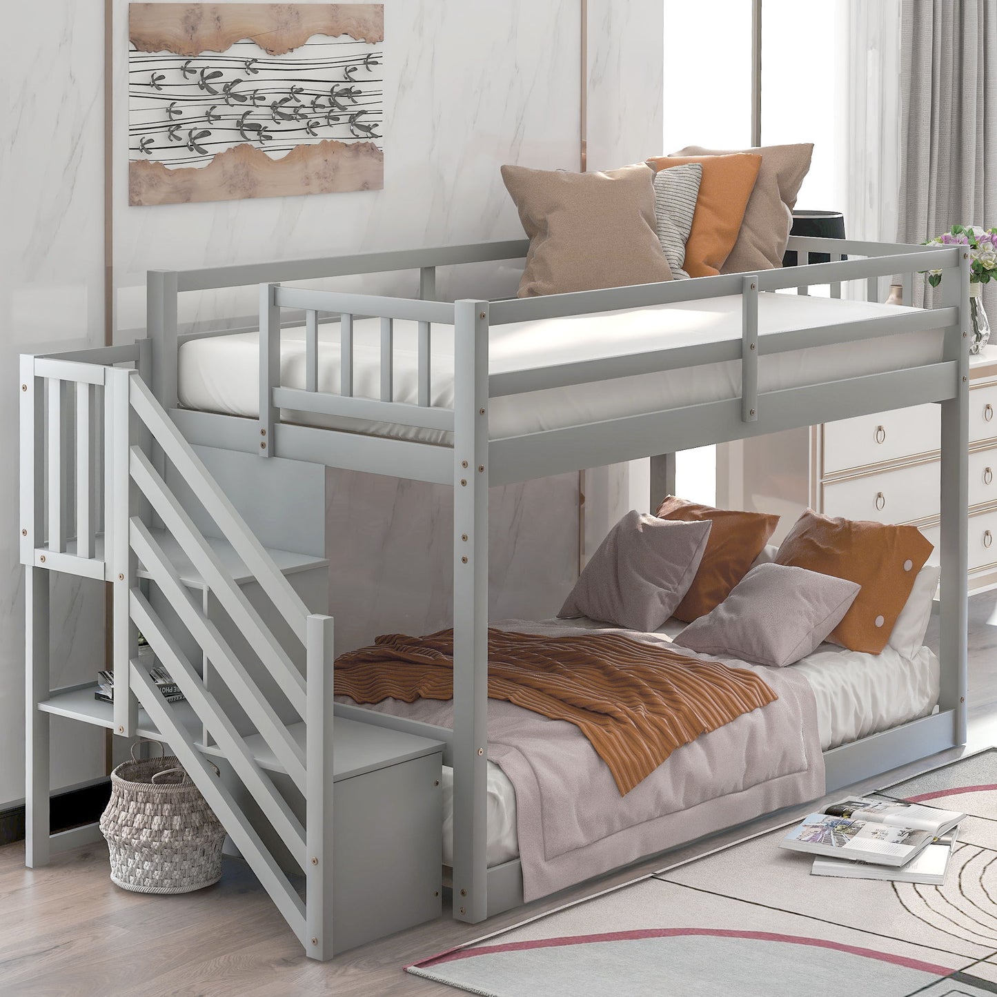 Twin Over Twin Floor Bunk Bed, Ladder With Storage - The Sleep Loft - Online Mattress Showroom NYC