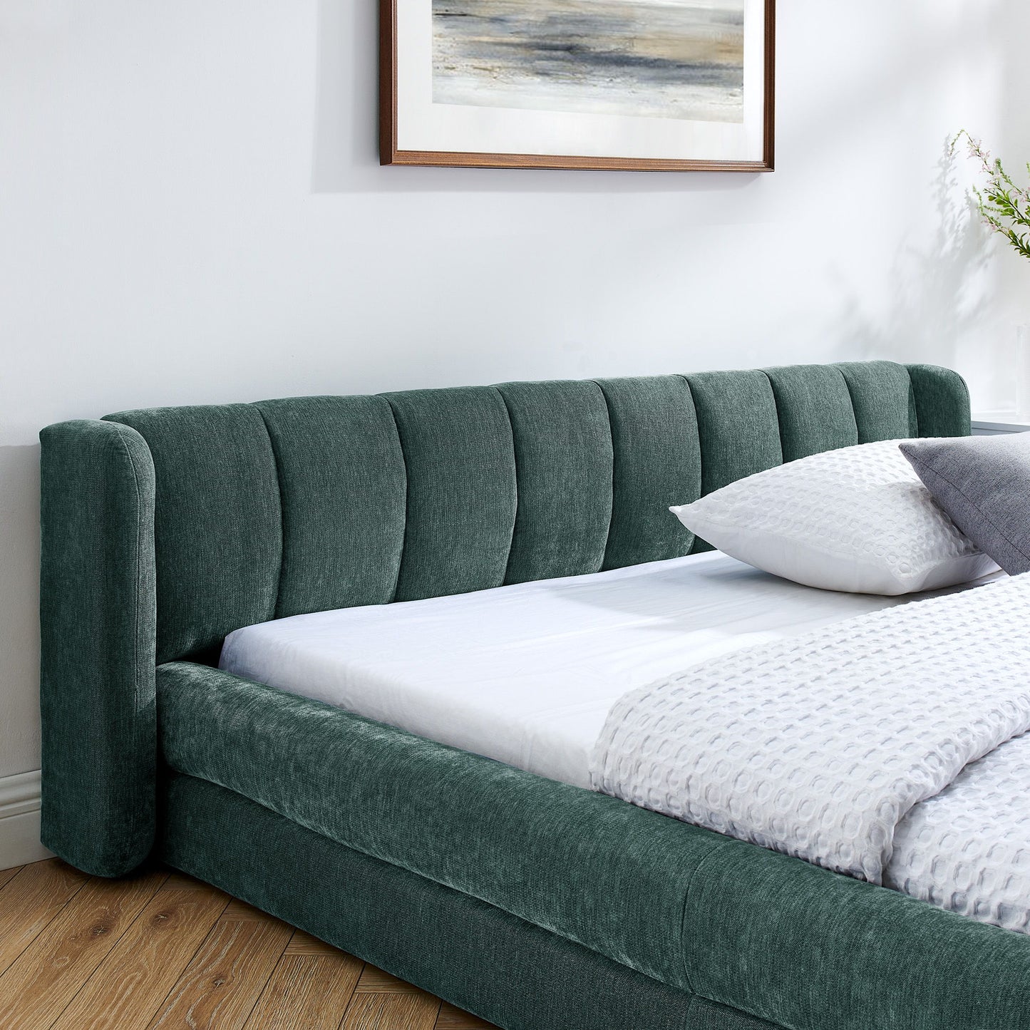 Modern Upholstered Bed Frame With Thick Fabric And Headboard - The Sleep Loft - Online Mattress Showroom NYC