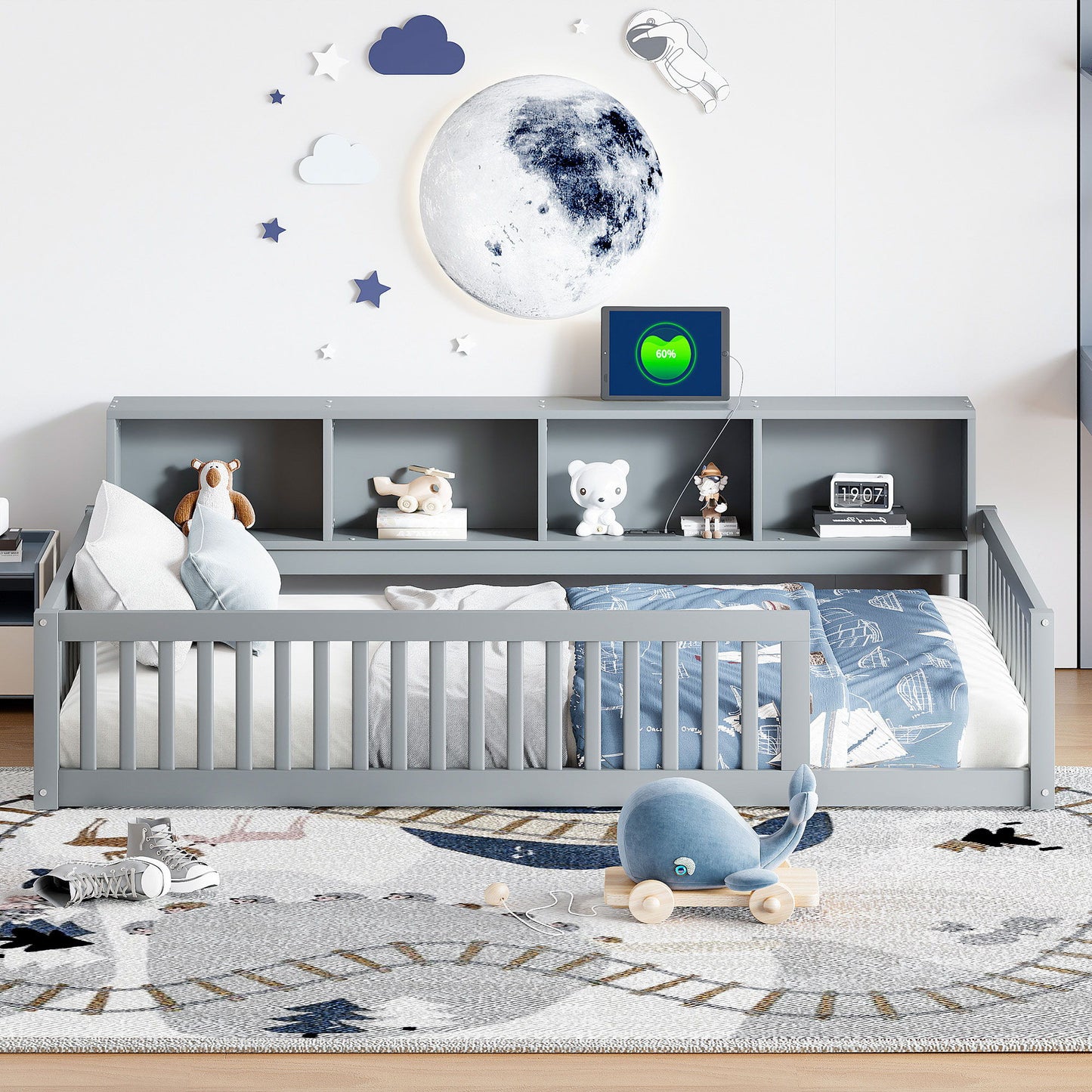 Twin Long Floor Bed With Storage Cabinets And USB Ports - Gray - The Sleep Loft - Online Mattress Showroom NYC