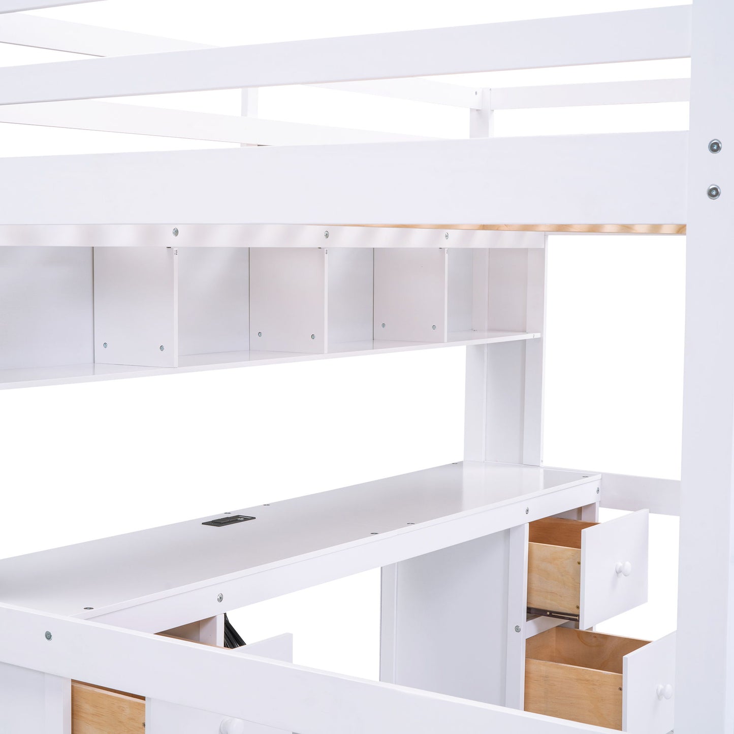 Full Size Loft Bed With Desk, Cabinets, Drawers, Charging Station And Bedside Tray, Sturdy Frame, No Box Spring Required - White - The Sleep Loft - Online Mattress Showroom NYC