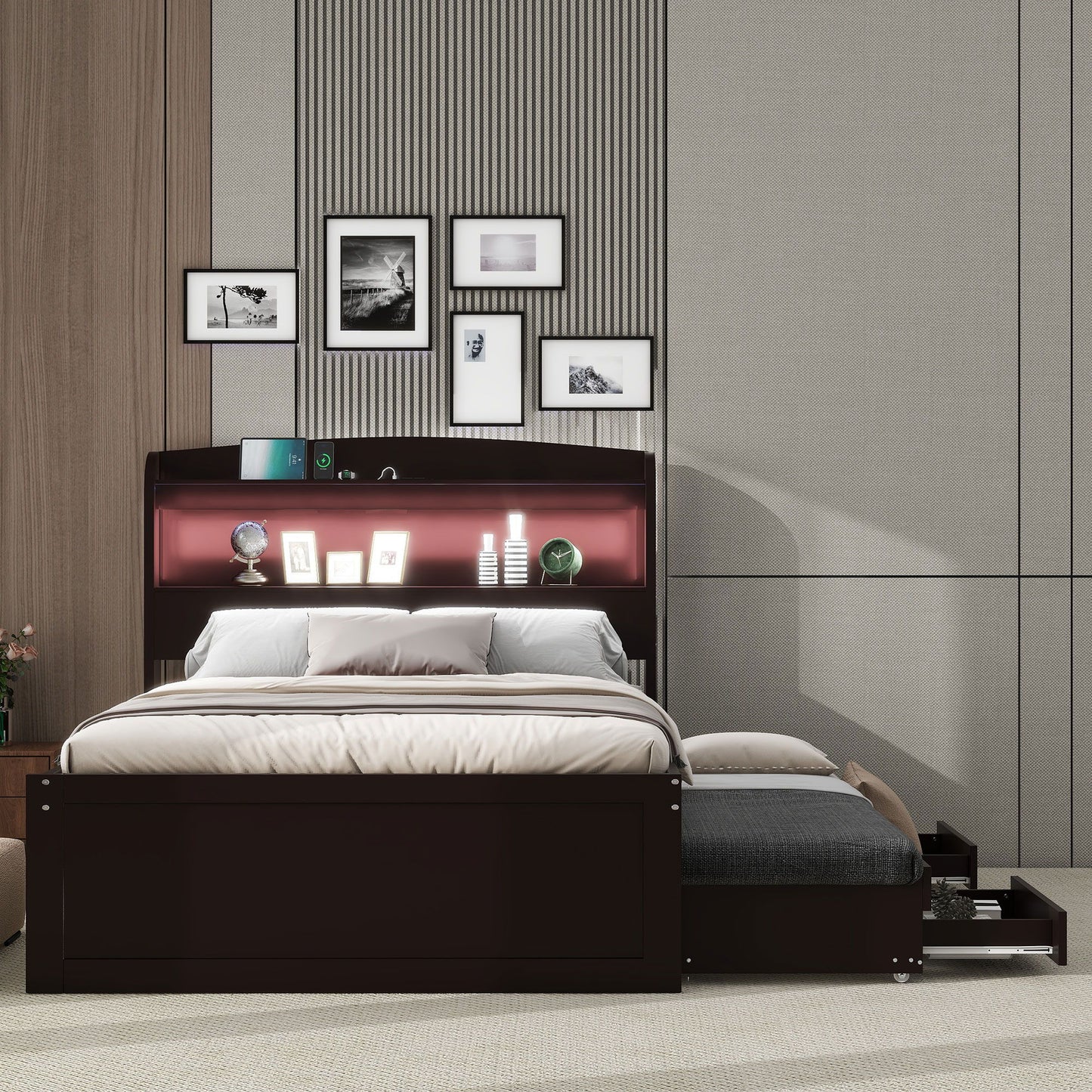Platform Bed With LED Headboard, Charging Station, Trundle And 2 Drawers - The Sleep Loft - Online Mattress Showroom NYC