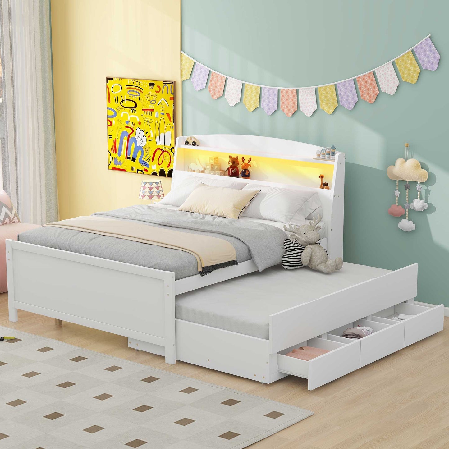 Full Size Platform Bed With Storage LED Headboard, Twin Trundle And 3 Drawers - White - The Sleep Loft - Online Mattress Showroom NYC