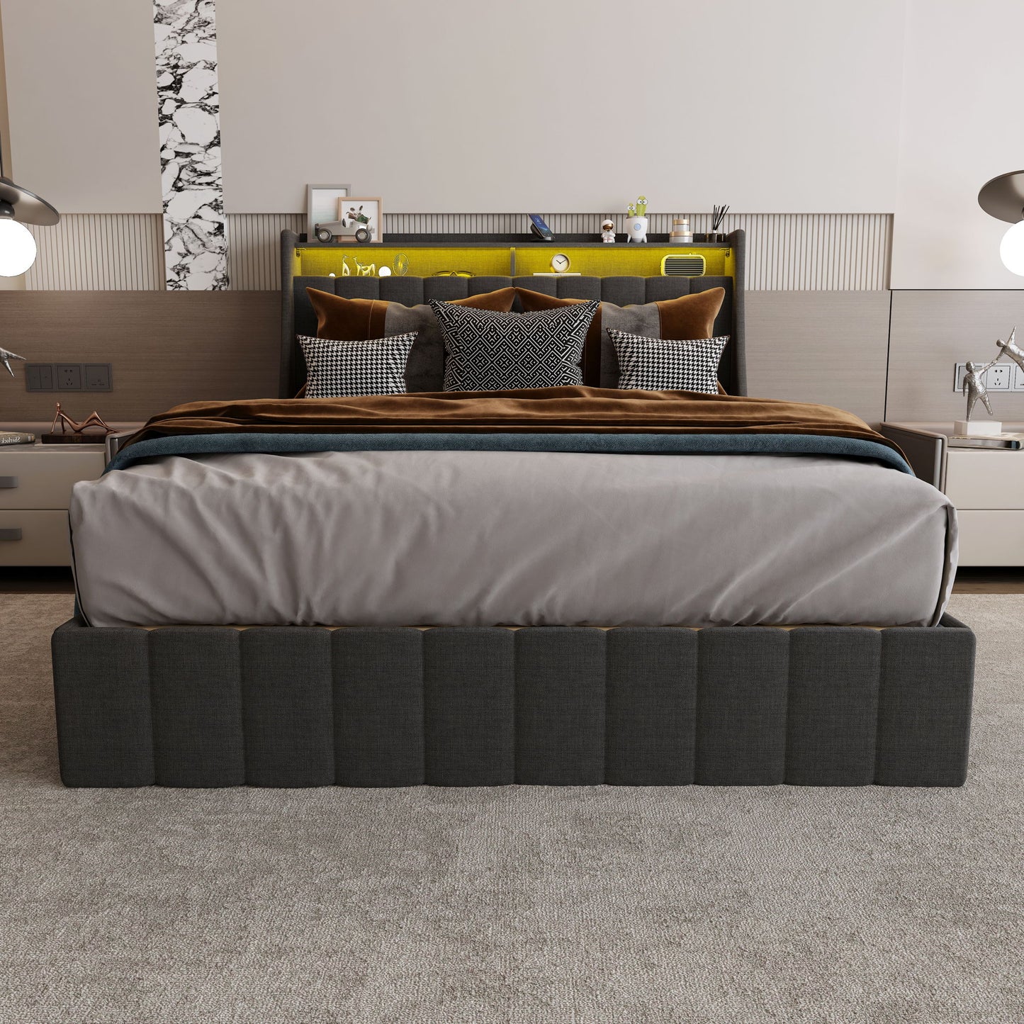 Bed With LED Lights, 4 Drawers, Winged Headboard Upholstered - The Sleep Loft - Online Mattress Showroom NYC