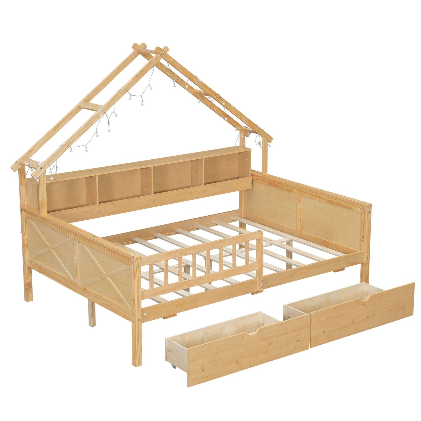 House Style Platform Bed With LED Lights, Storage Shelves, Drawers, And Guardrail - The Sleep Loft - Online Mattress Showroom NYC