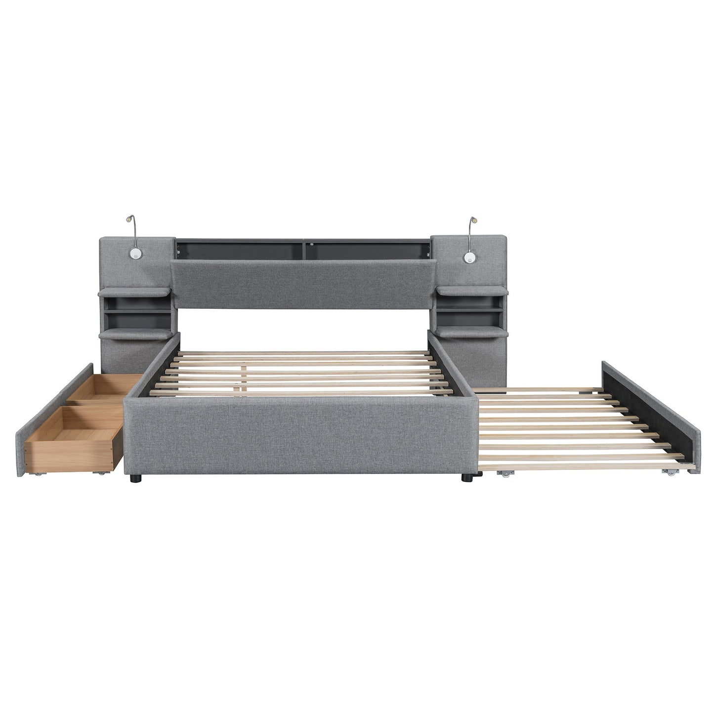 Upholstered Platform Bed With Reading Lights, Drawers, Trundle And Shelves - The Sleep Loft - Online Mattress Showroom NYC