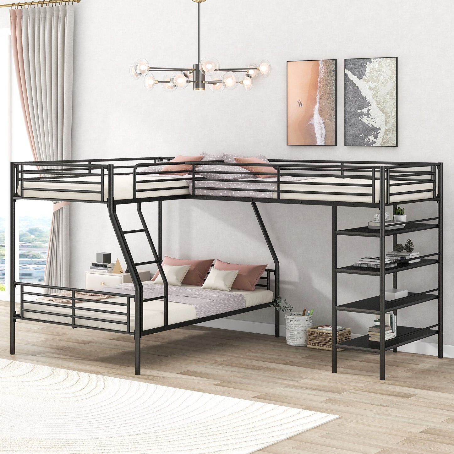 L-Shaped Twin Over Full Bunk Bed And Twin Loft Bed With 4 Built In Shelves - Black - The Sleep Loft - Online Mattress Showroom NYC