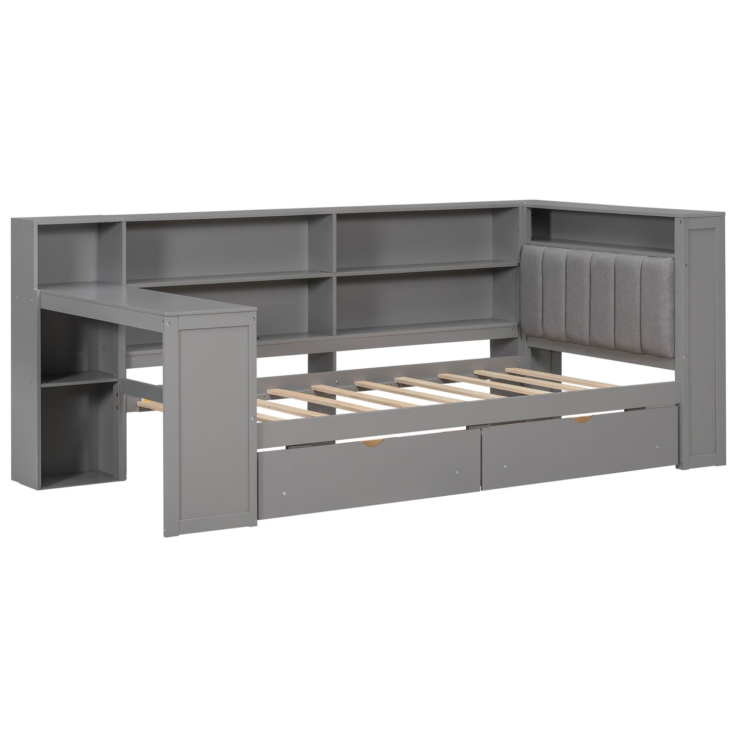 Platform Bed With Upholstered Headboard, Storage Shelves, Drawers, Charging Station, LED Lighting, Built In Desk - The Sleep Loft - Online Mattress Showroom NYC