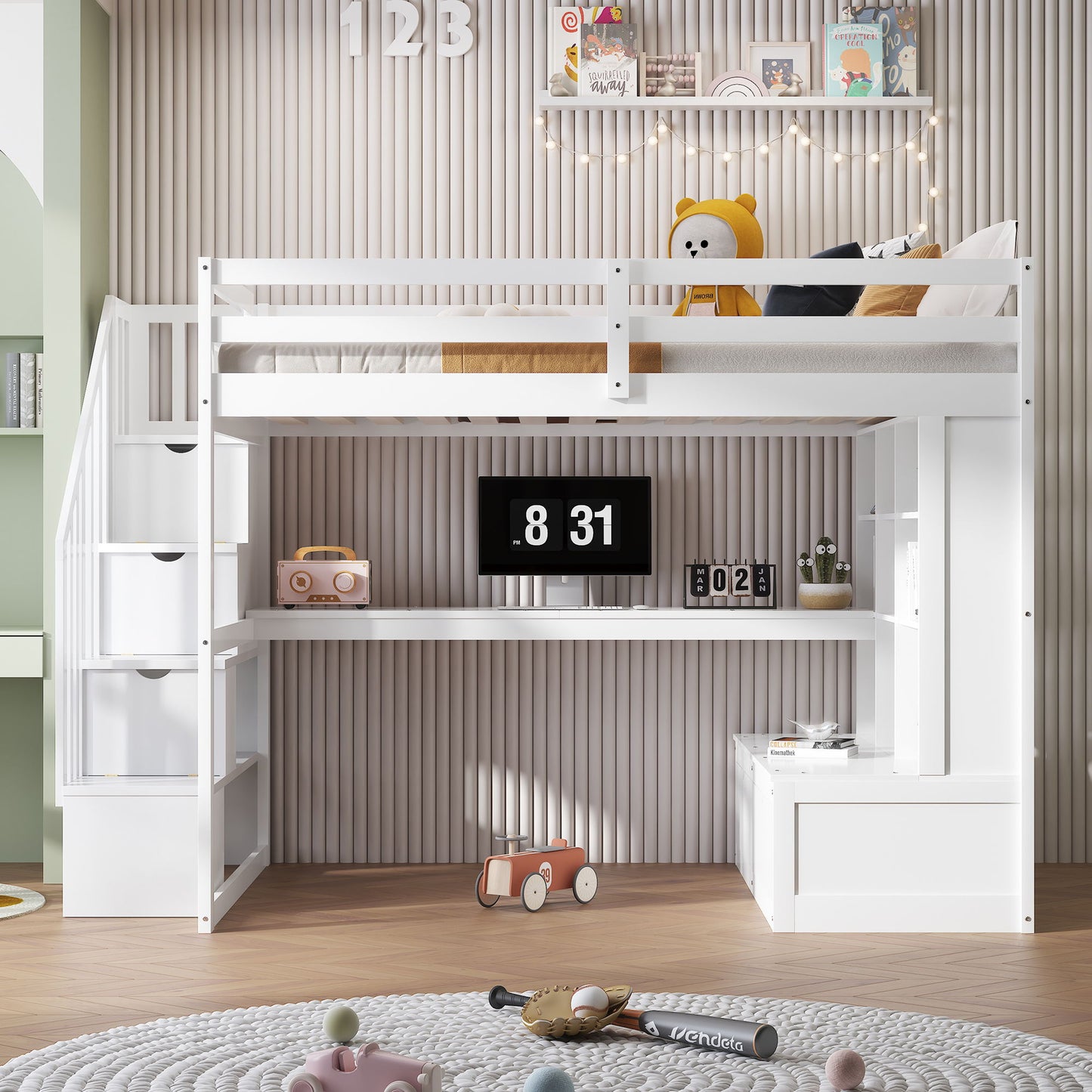 Full Size Loft Bed With Desk And Shelves, 2 Built In Drawers, Storage Staircase - White - The Sleep Loft - Online Mattress Showroom NYC