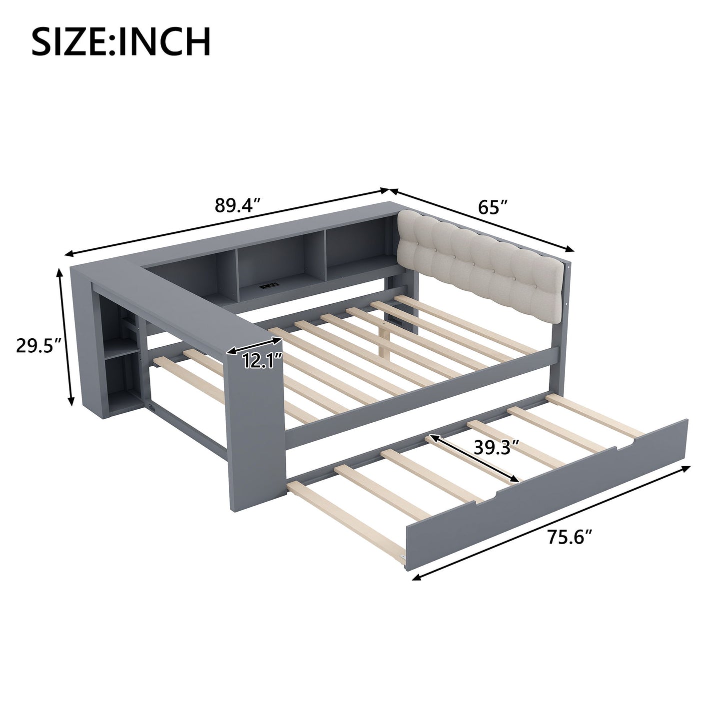 Upholstered Headboard Platform Bed With Storage Shelves, Trundle, Charging Station - The Sleep Loft - Online Mattress Showroom NYC