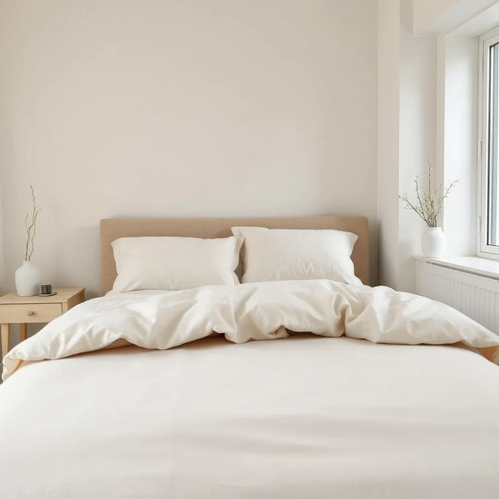 Neatly made bed with organic cotton sheets in soft neutral tones under natural daylight