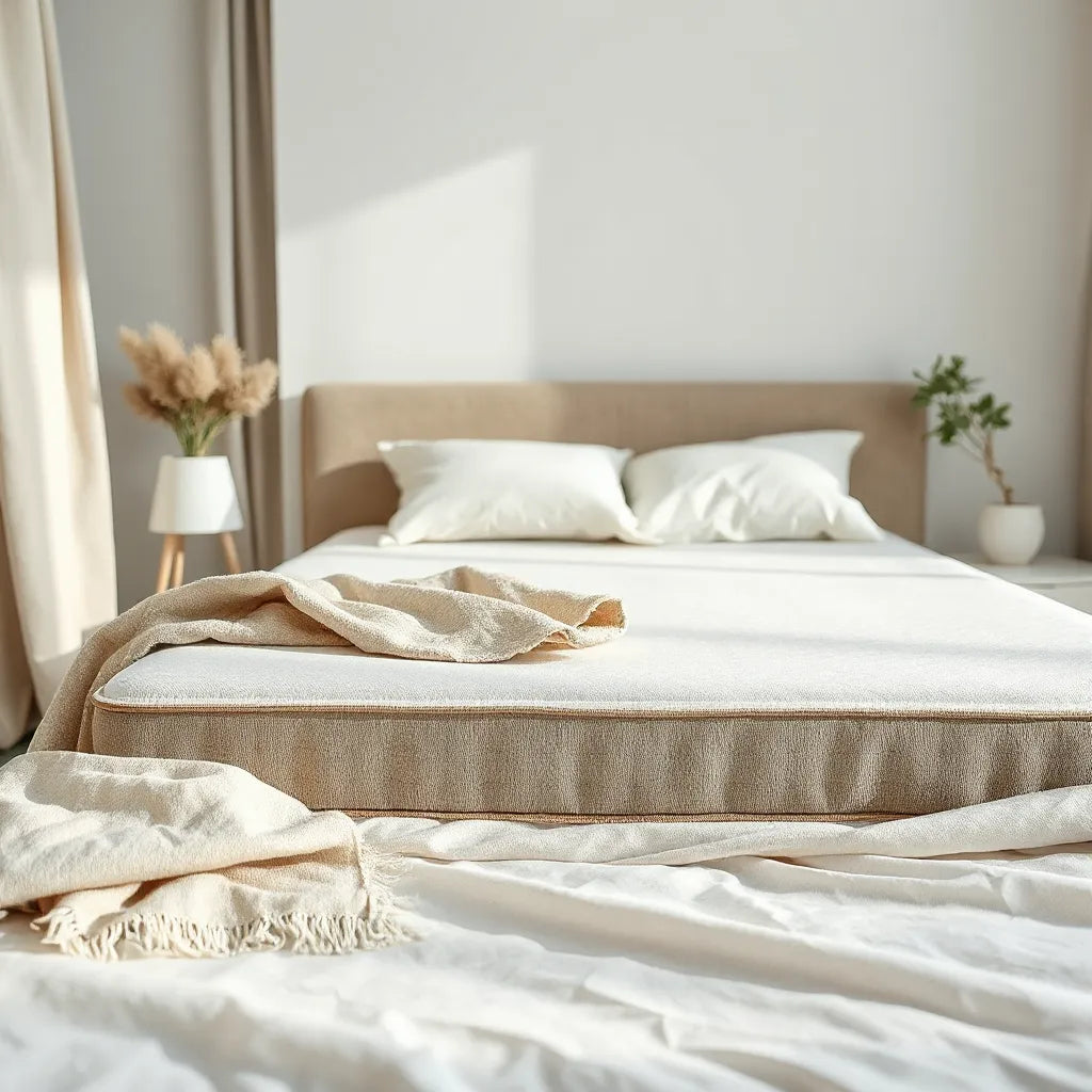 Neatly made bed with a natural-looking organic mattress and breathable linen bedding in soft daylight