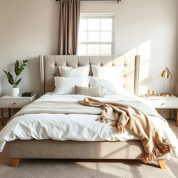 Neatly styled bedroom with an elegant upholstered bed, neutral bedding, and warm natural light