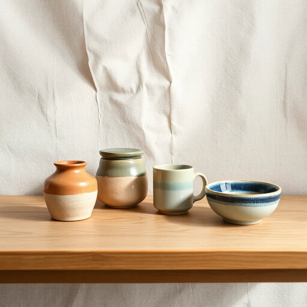 Curated handmade ceramic pottery set with vases, bowls, jars, and a mug in earthy glazes on a wooden table