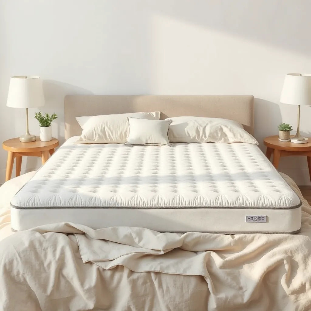Neatly made bed with a cooling gel mattress surface and fresh, cool-toned bedding