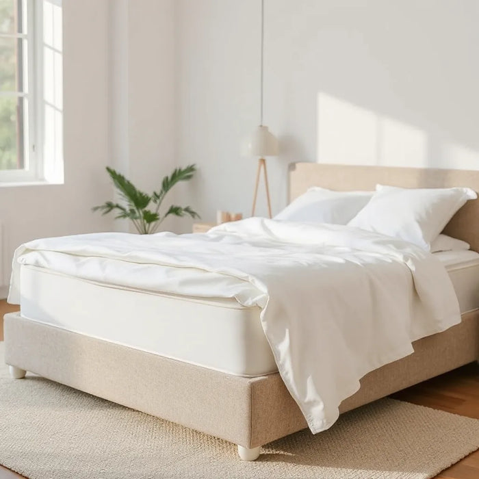 Neatly made bed with a fitted mattress protector covering the mattress surface and edges