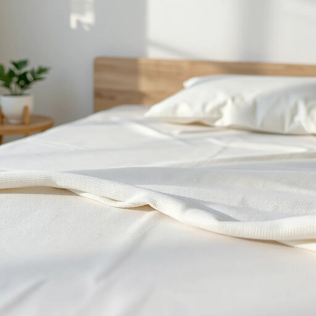 Neatly made bed with a breathable cooling cover fabric on the mattress surface in soft natural light
