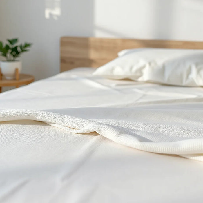 Neatly made bed with a breathable cooling cover fabric on the mattress surface in soft natural light