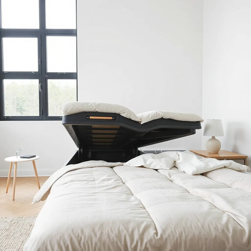 Adjustable bed frame in a modern bedroom with head and leg sections raised for comfort