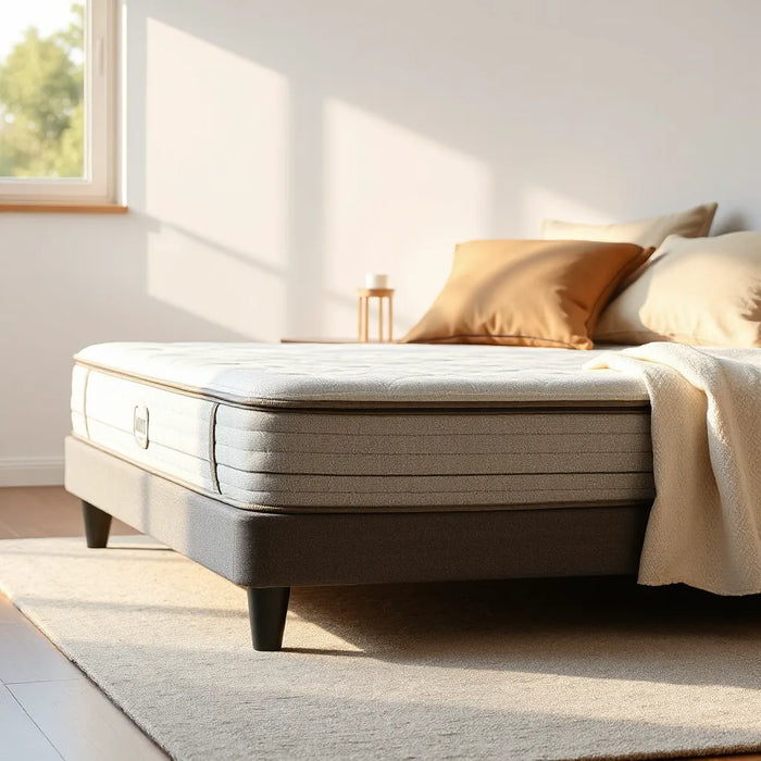 Hybrid mattress with quilted top and layered design in a bright, modern bedroom