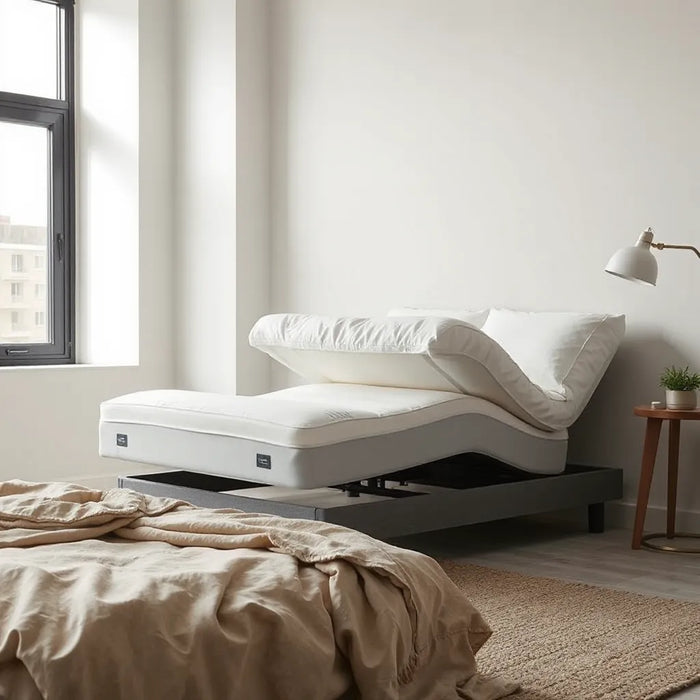 Adjustable base mattress set with head and leg raised in a clean, modern bedroom