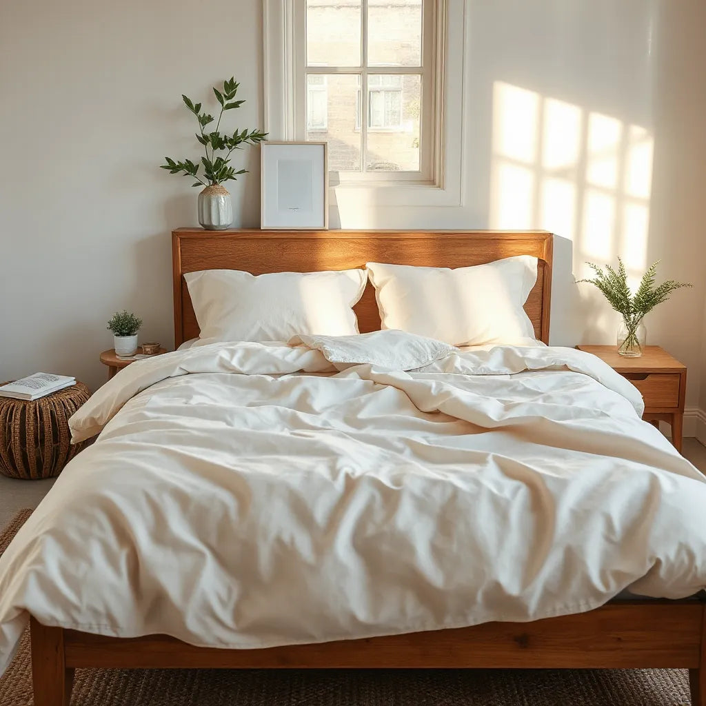 Neatly made bed with breathable organic cotton and linen bedding in soft neutral tones by a window