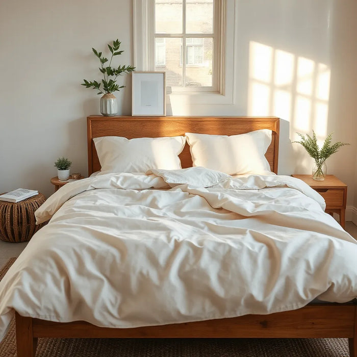 Neatly made bed with breathable organic cotton and linen bedding in soft neutral tones by a window