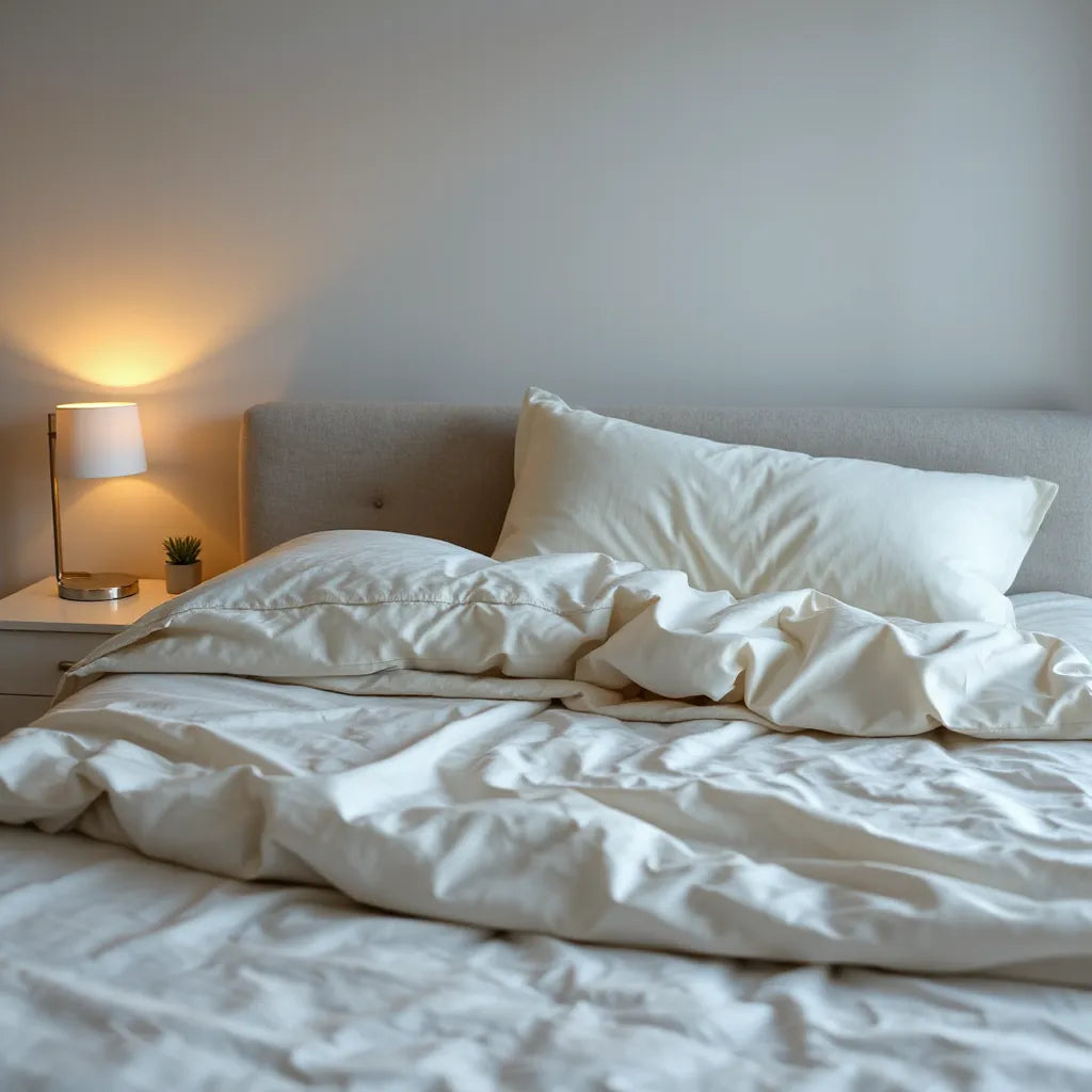 Neatly made bed with supportive pillows and breathable bedding in a softly lit bedroom