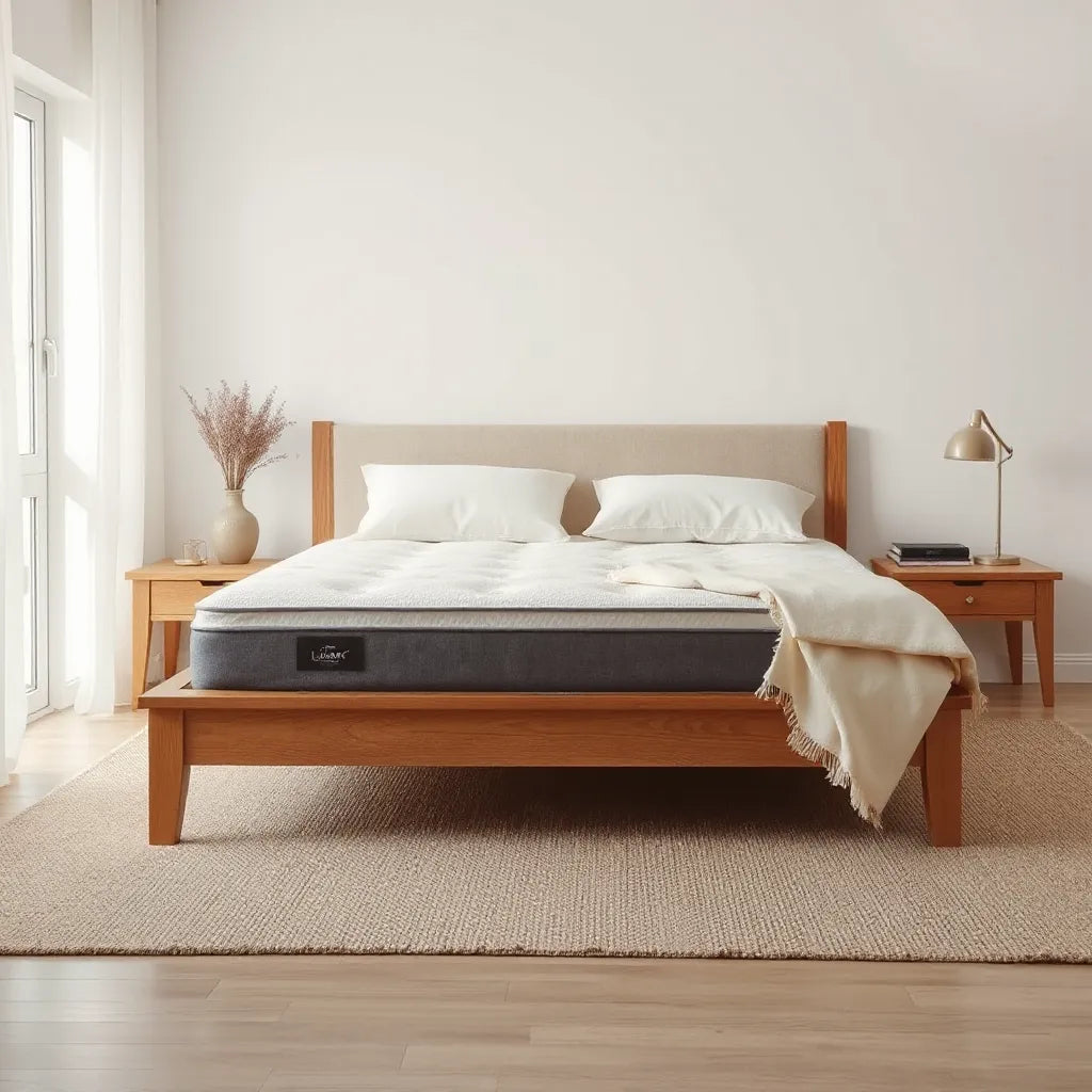 Neatly made bed with a premium mattress and pillows in a bright, minimal bedroom setting