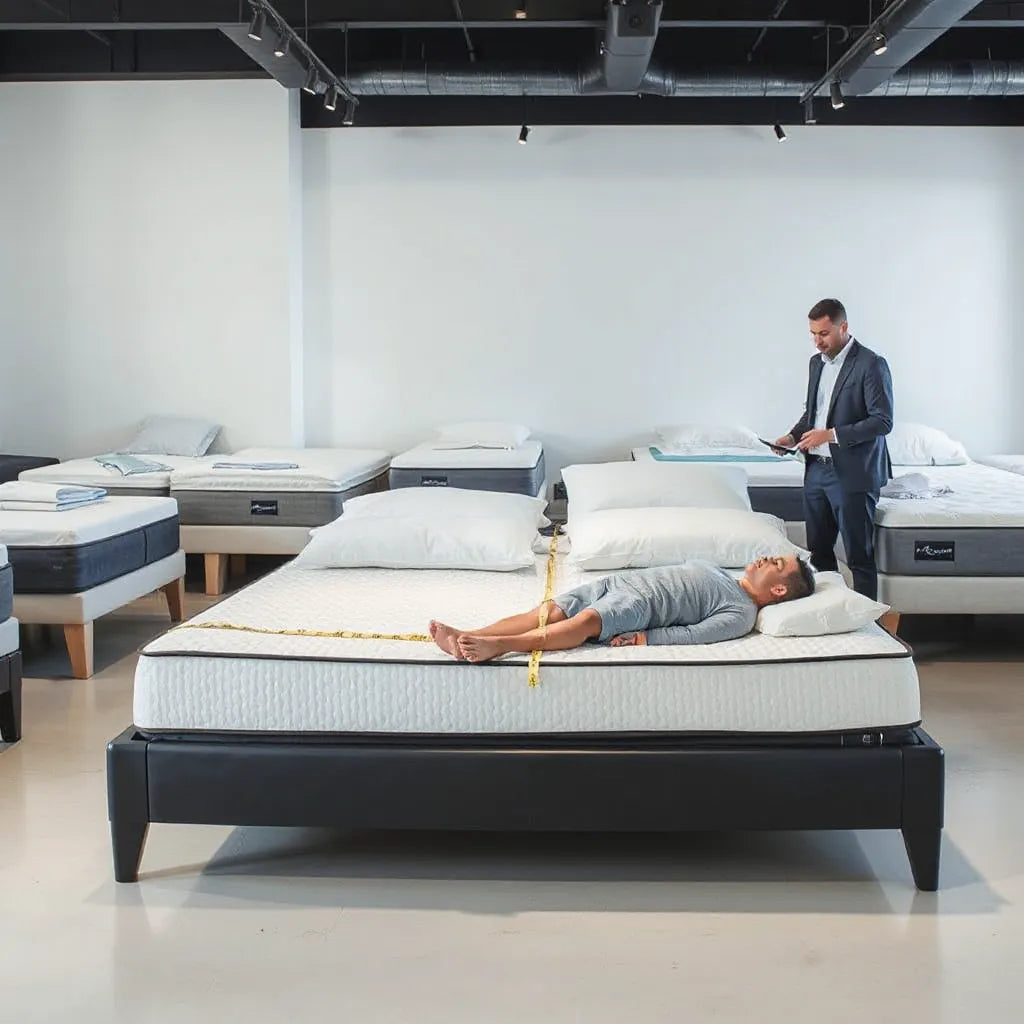 Customer testing a mattress in a showroom while a consultant observes nearby
