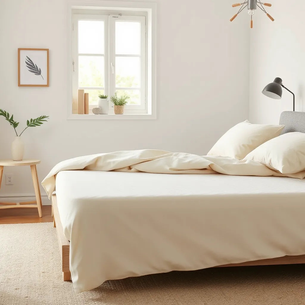 Neatly made bed with a memory foam mattress surface texture and soft neutral bedding in warm light