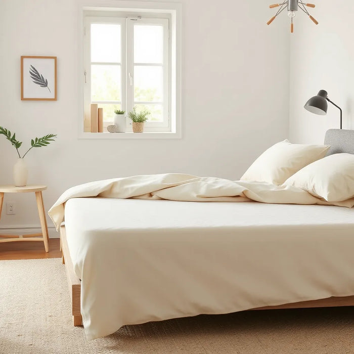 Neatly made bed with a memory foam mattress surface texture and soft neutral bedding in warm light