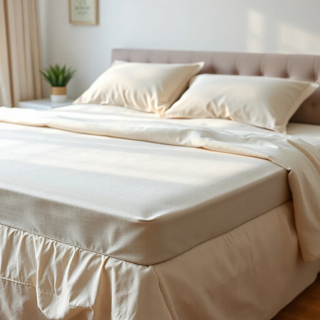 A fitted luxury mattress protector on a neatly made bed with clean, premium bedding