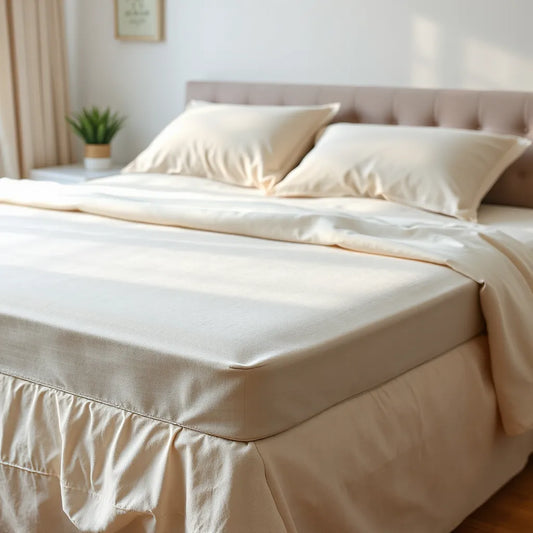 A fitted luxury mattress protector on a neatly made bed with clean, premium bedding