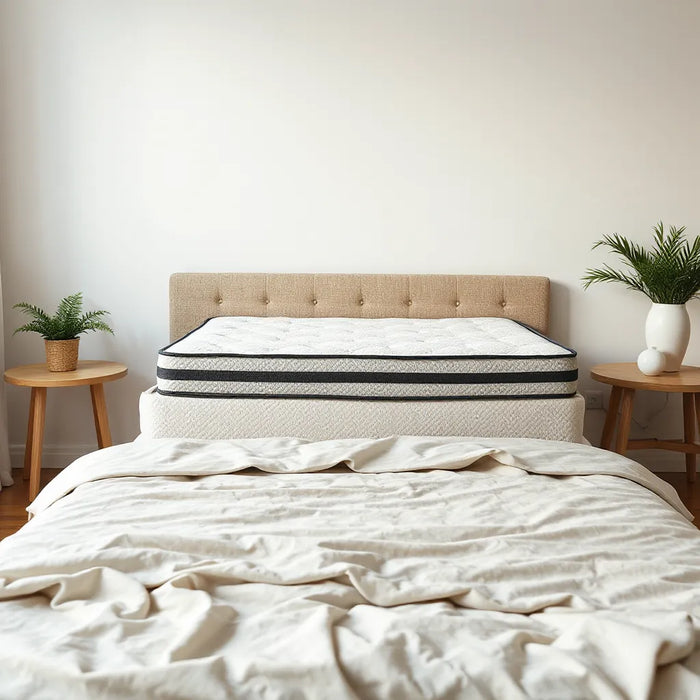 Durable mattress on a bed with supportive layers and neutral bedding in a bright, simple bedroom