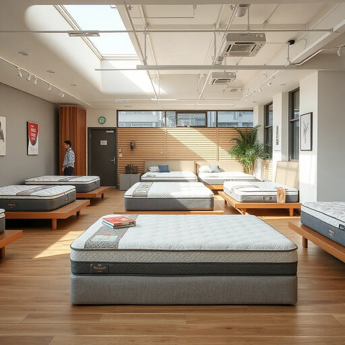 Bright Midtown mattress showroom with display beds and a salesperson in the background