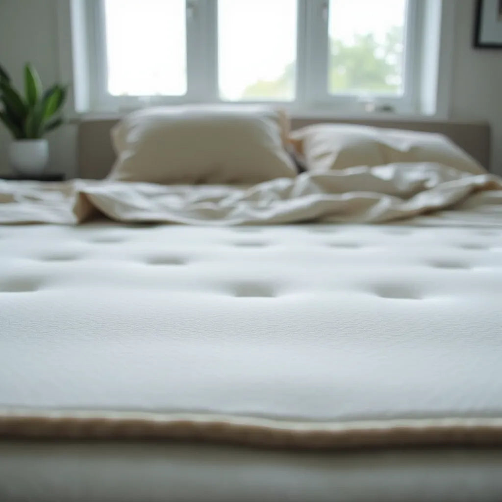 Cooling gel technology mattress with textured cooling surface and neutral bedding in a modern bedroom